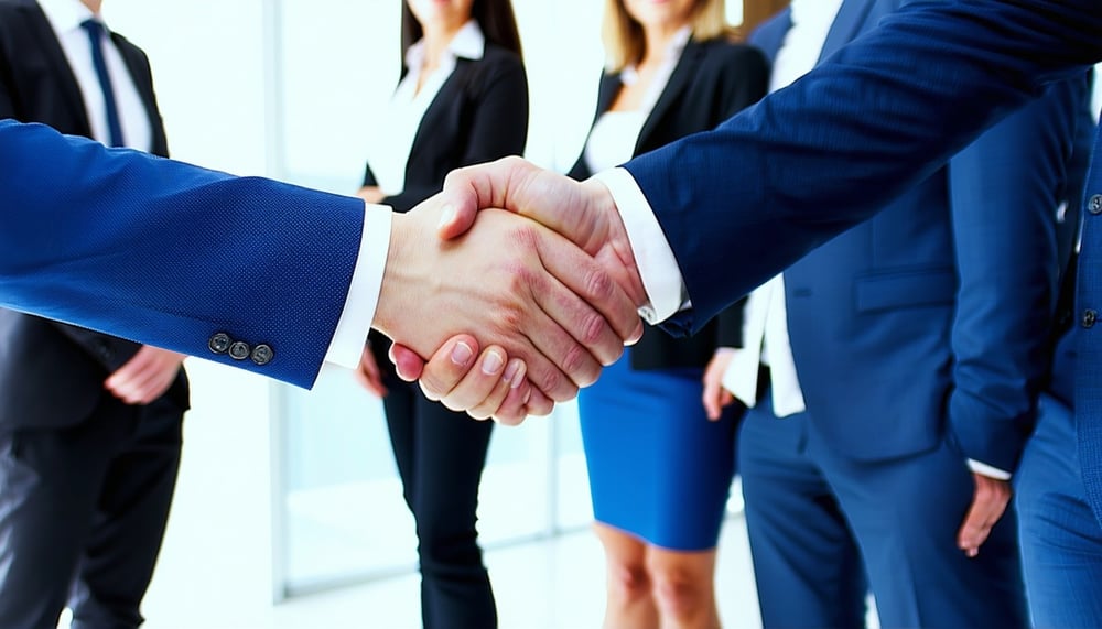 Business professionals shaking hands in a partnership meeting